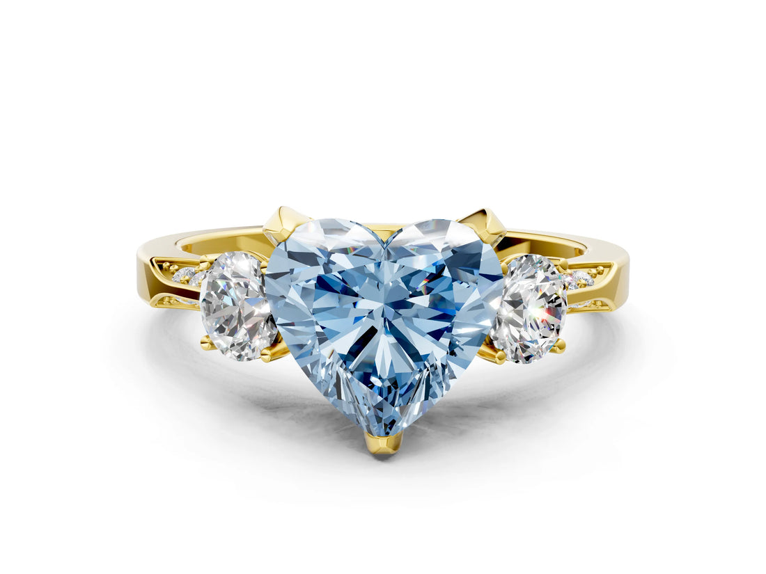 Yellow gold Fancy Blue Heart Cut Brilliant Three-Stone Diamond Ring with Pavé Band and Four-Prong Setting_3