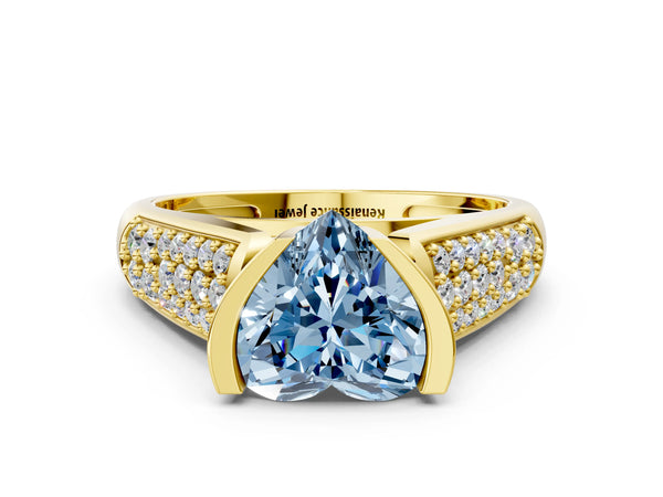 Yellow gold Fancy Blue Heart Cut Diamond Channel Set Pave Band with Tension Prong Setting