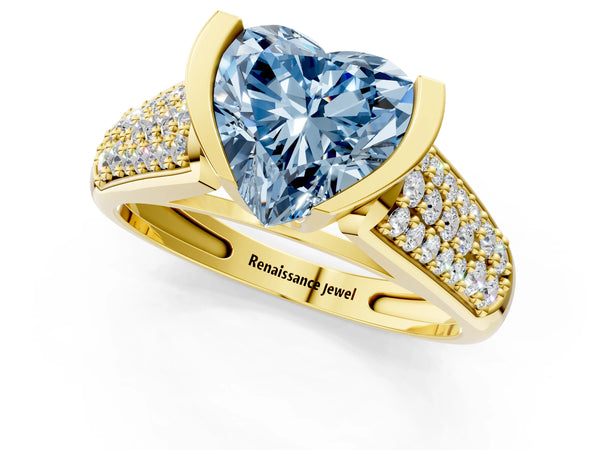 Yellow gold Fancy Blue Heart Cut Diamond Channel Set Pave Band with Tension Prong Setting