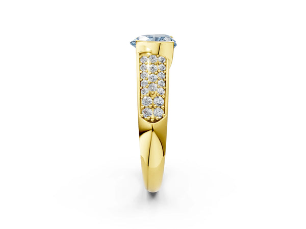 Yellow gold Fancy Blue Heart Cut Diamond Channel Set Pave Band with Tension Prong Setting