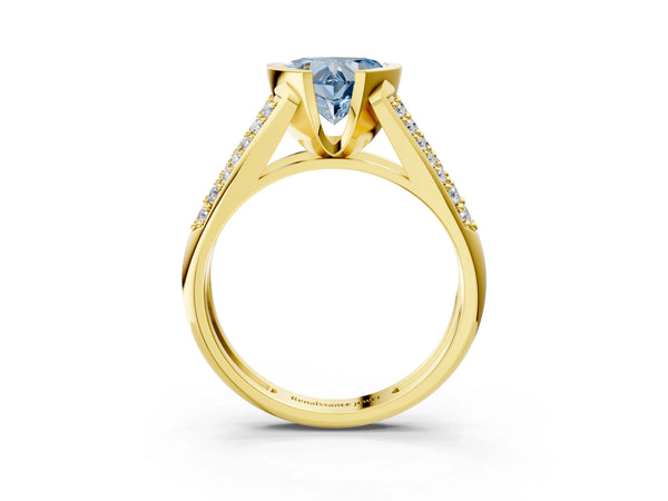 Yellow gold Fancy Blue Heart Cut Diamond Channel Set Pave Band with Tension Prong Setting
