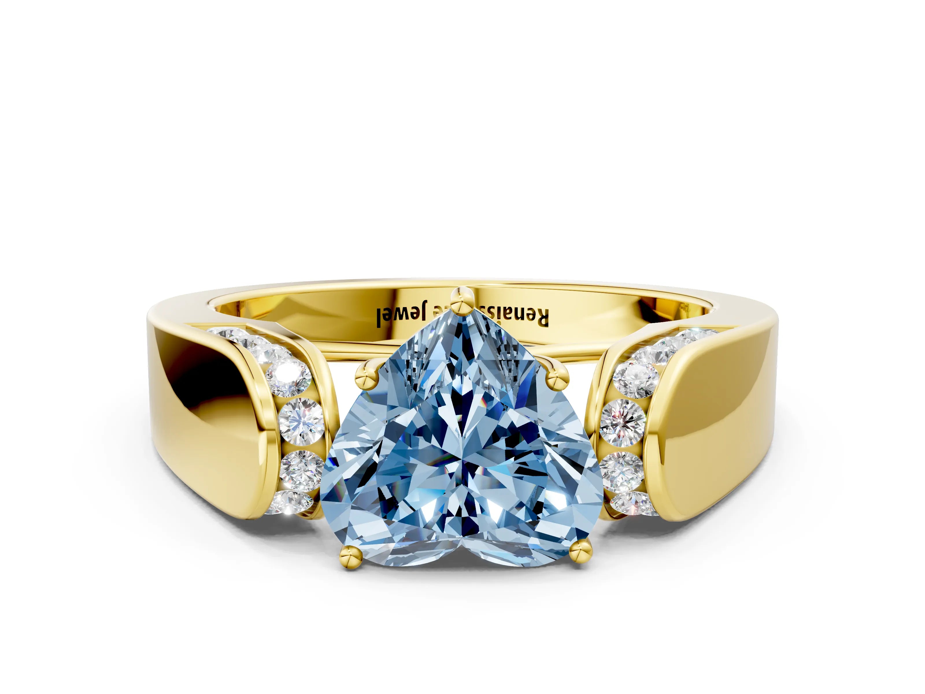 Yellow gold Fancy Blue Heart Cut Cut Diamond Channel Set Solitaire Ring with Four-Prong Setting