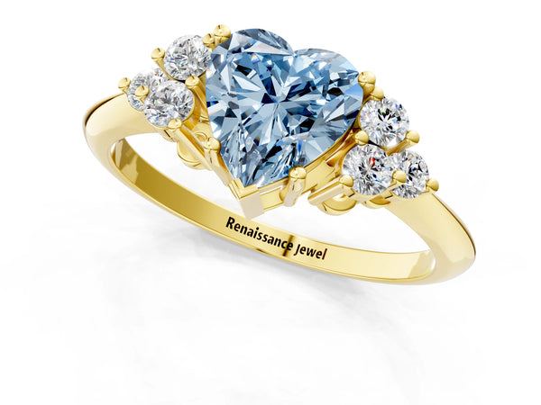 Yellow gold Fancy Blue Heart Cut Cut Diamond Cluster Ring with Solitaire Band and Four-Prong Setting