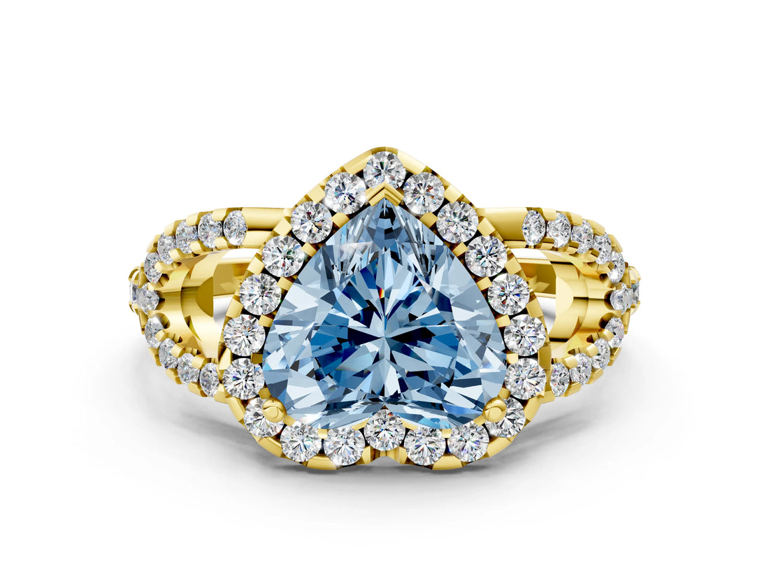 Yellow gold Fancy Blue Heart Cut Cut Diamond Halo Engagement Ring with Open Split Pavé Band
