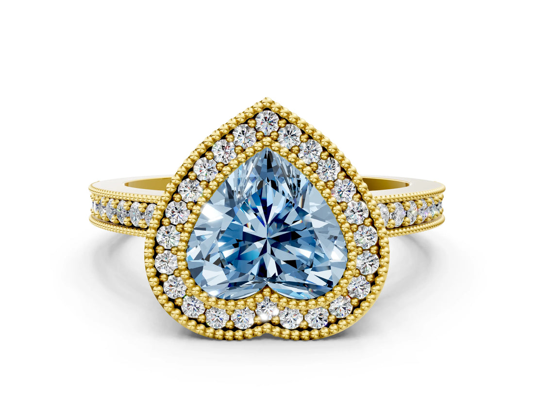Yellow gold Fancy Blue Heart Cut-Cut Diamond Halo Engagement Ring with Pave Band and Prong Setting