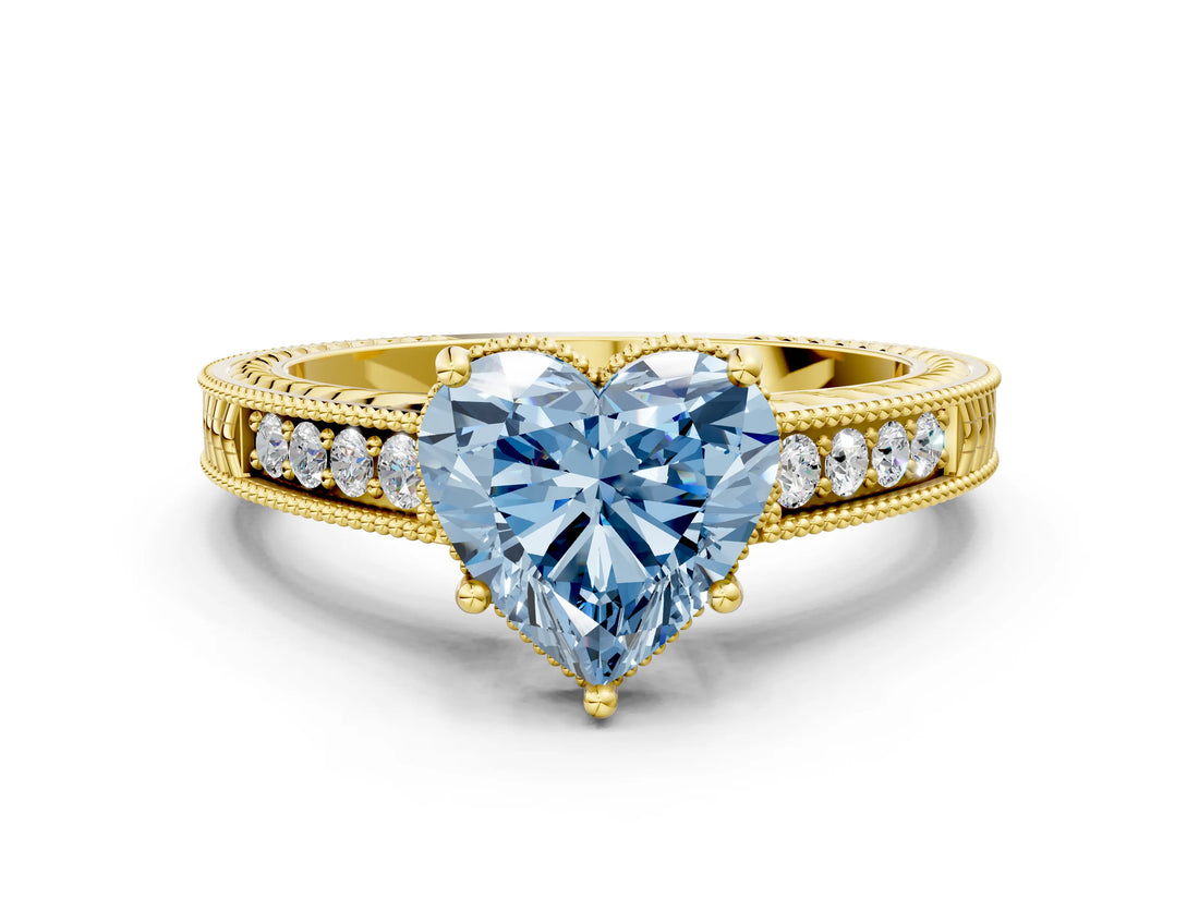 Yellow gold Fancy Blue Heart Cut Cut Diamond Milgrain Pave Band Four-Prong Setting Ring_3
