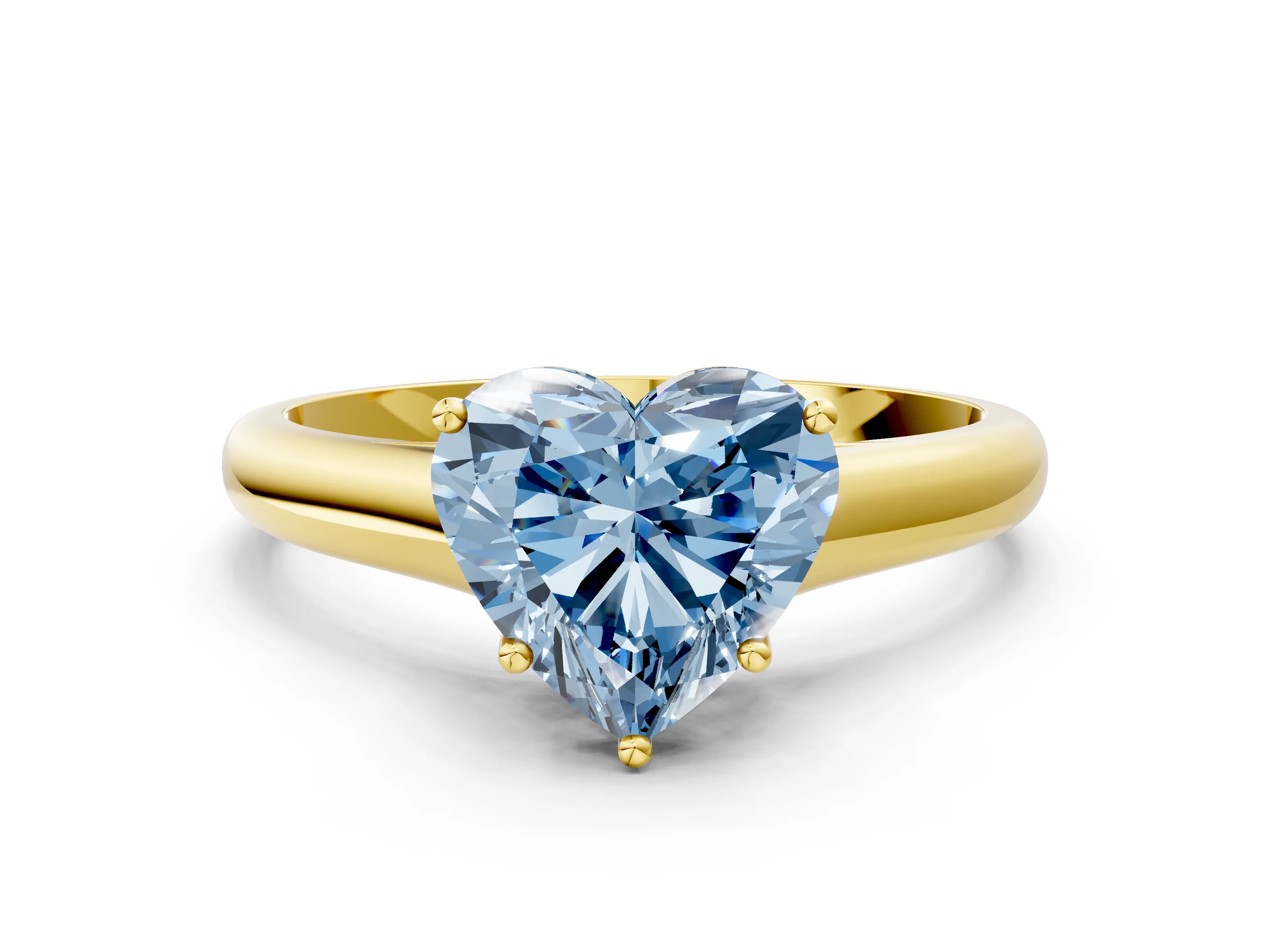 Yellow gold Fancy Blue Heart Cut Cut Diamond Solitaire Engagement Ring with Tapered Plain Band and Four-Prong Setting