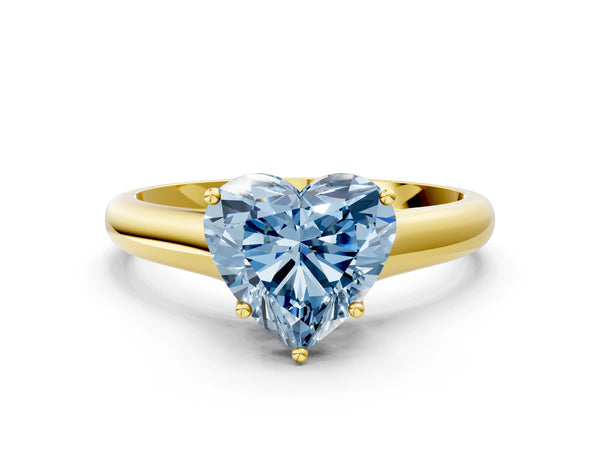Yellow gold Fancy Blue Heart Cut Cut Diamond Solitaire Engagement Ring with Tapered Plain Band and Four-Prong Setting