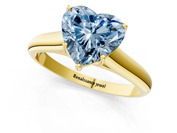 Yellow gold Fancy Blue Heart Cut Cut Diamond Solitaire Engagement Ring with Tapered Plain Band and Four-Prong Setting
