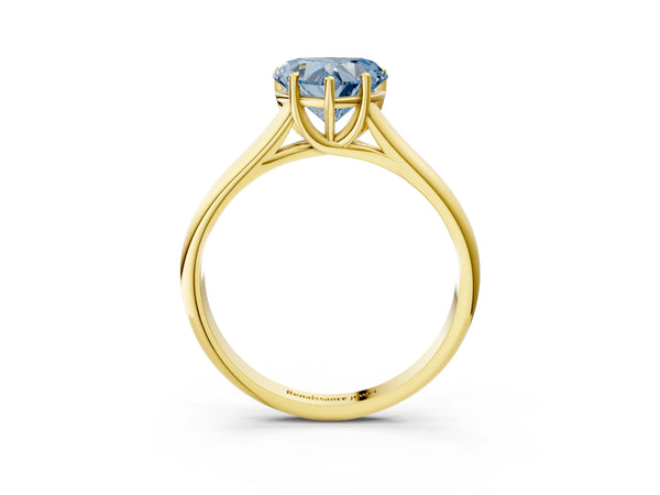 Yellow gold Fancy Blue Heart Cut Cut Diamond Solitaire Engagement Ring with Tapered Plain Band and Four-Prong Setting