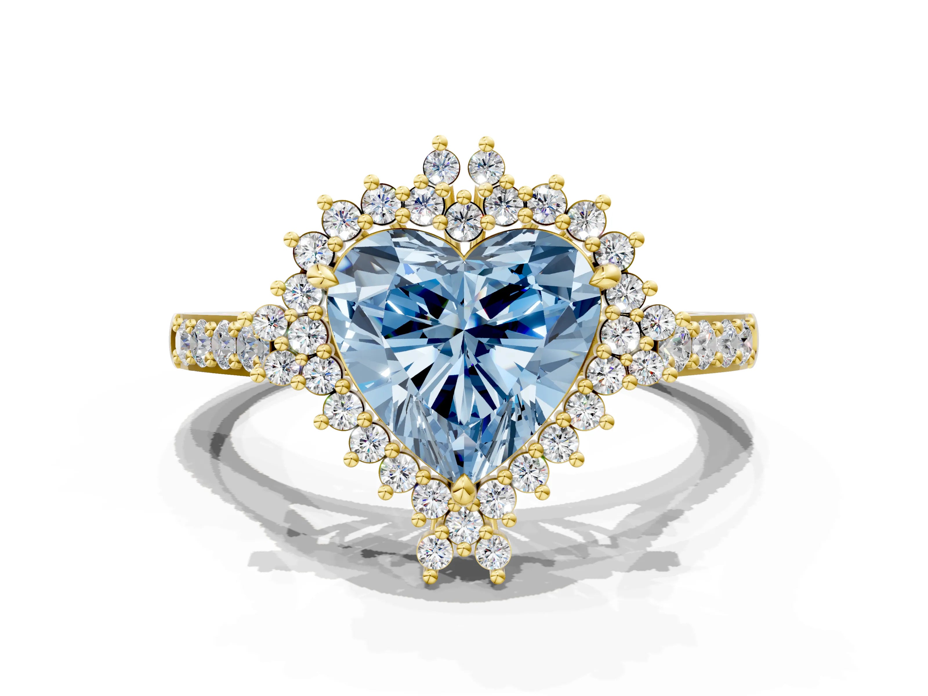 Yellow gold Fancy Blue Heart Cut Cut Diamond Sunburst Halo Engagement Ring with Pavé Band