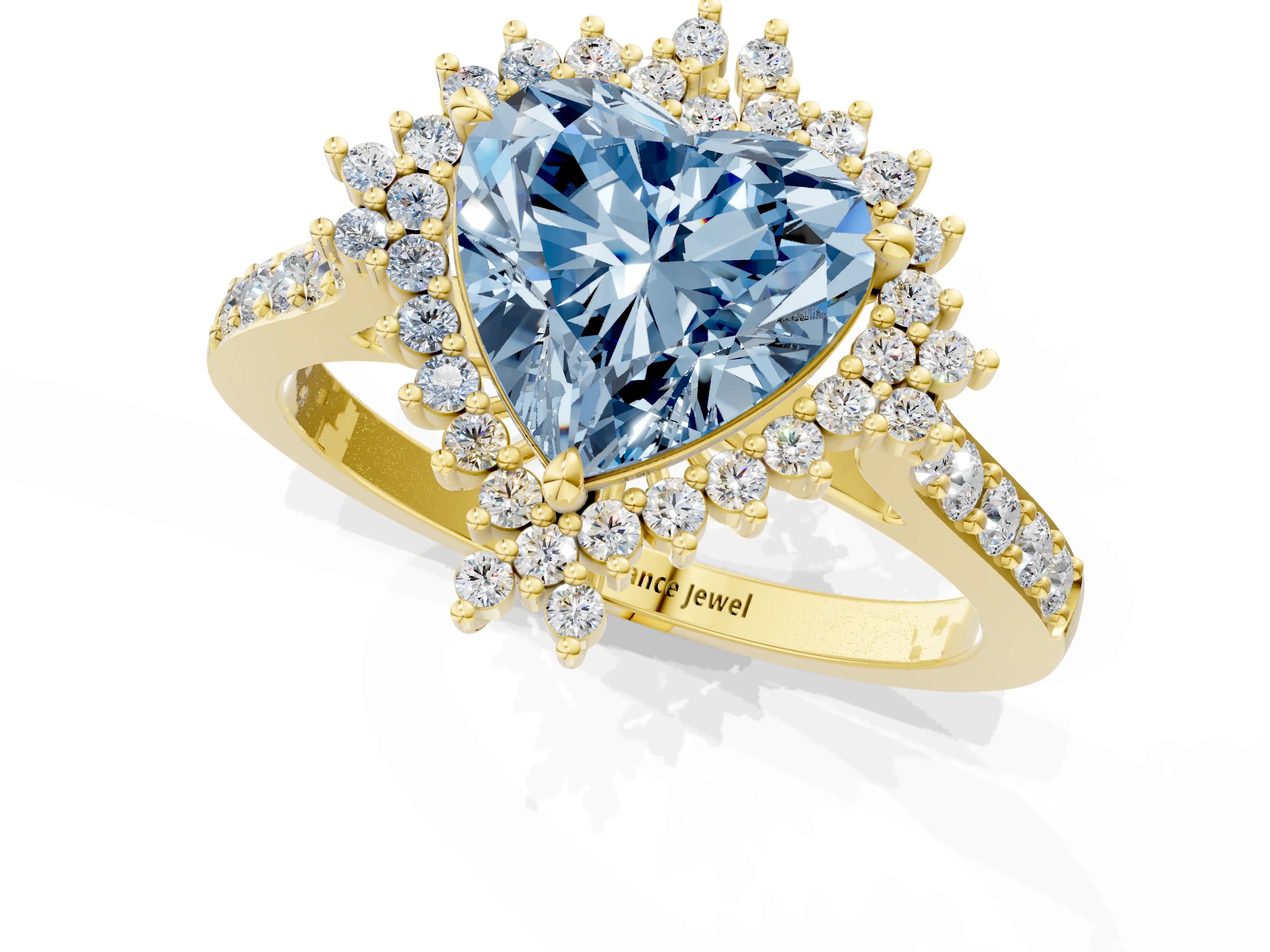 Yellow gold Fancy Blue Heart Cut Cut Diamond Sunburst Halo Engagement Ring with Pavé Band_1