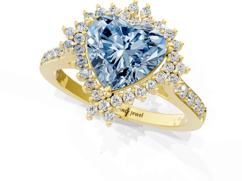 Yellow gold Fancy Blue Heart Cut Cut Diamond Sunburst Halo Engagement Ring with Pavé Band_1