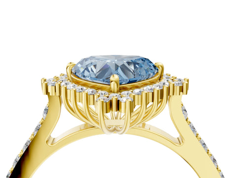 Yellow gold Fancy Blue Heart Cut Cut Diamond Sunburst Halo Engagement Ring with Pavé Band_4