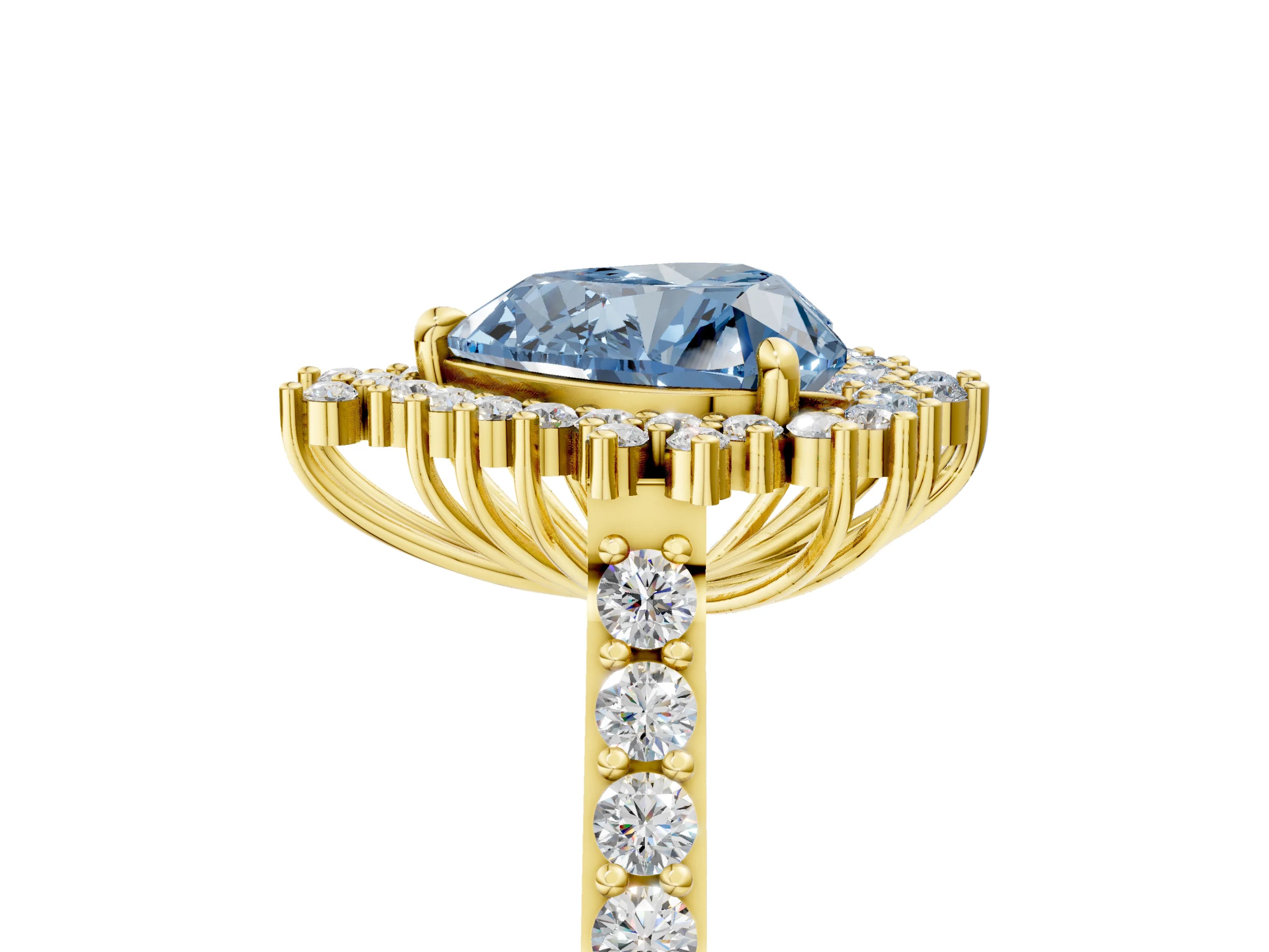 Yellow gold Fancy Blue Heart Cut Cut Diamond Sunburst Halo Engagement Ring with Pavé Band_5