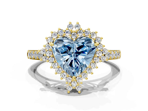 Yellow gold Fancy Blue Heart Cut Cut Diamond Sunburst Halo Engagement Ring with Pavé Band