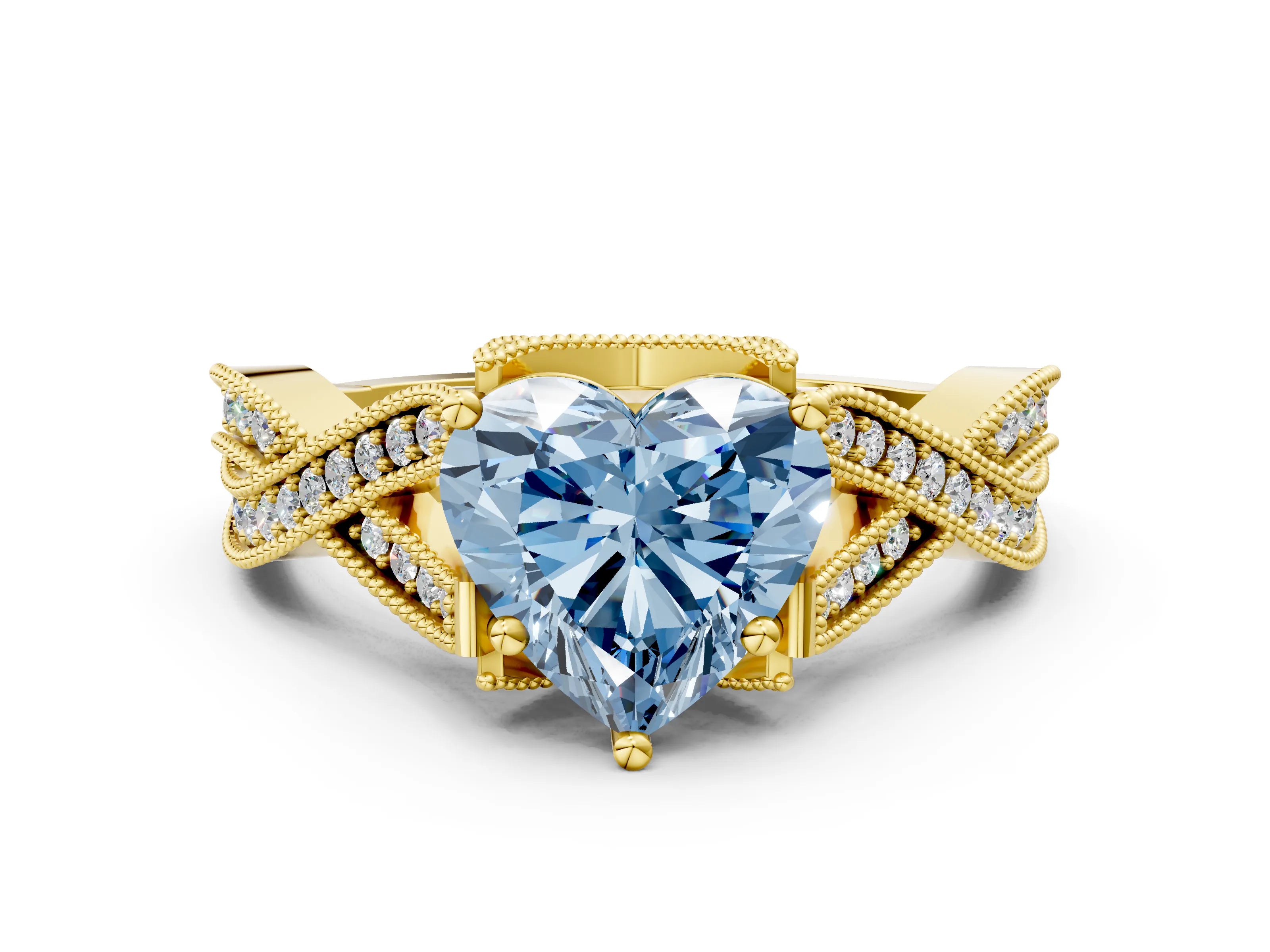 Yellow gold Fancy Blue Heart Cut Cut Diamond Twisted Band with Milgrain Pave Setting and Four-Prong Setting