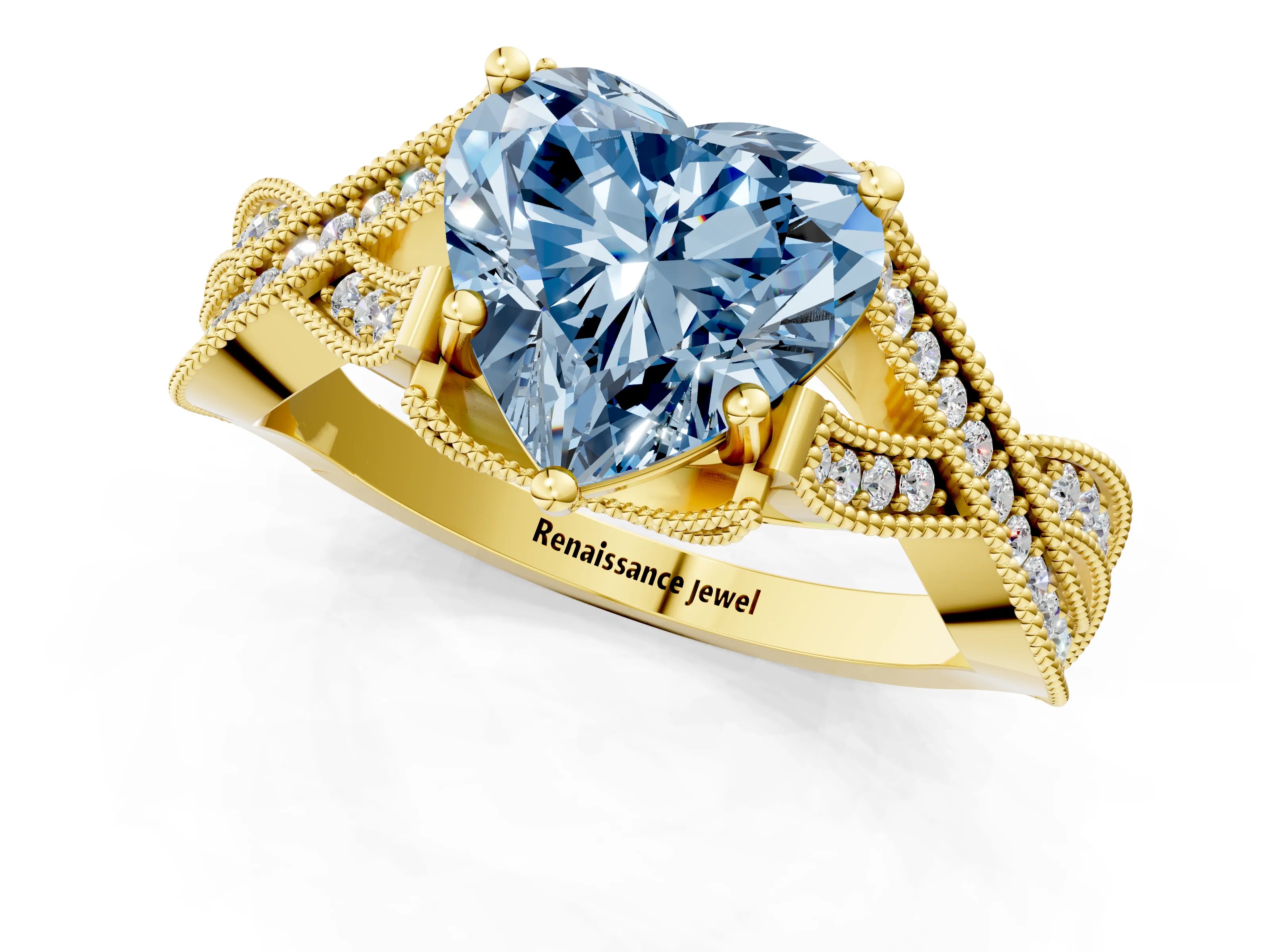 Yellow gold Fancy Blue Heart Cut Cut Diamond Twisted Band with Milgrain Pave Setting and Four-Prong Setting_1