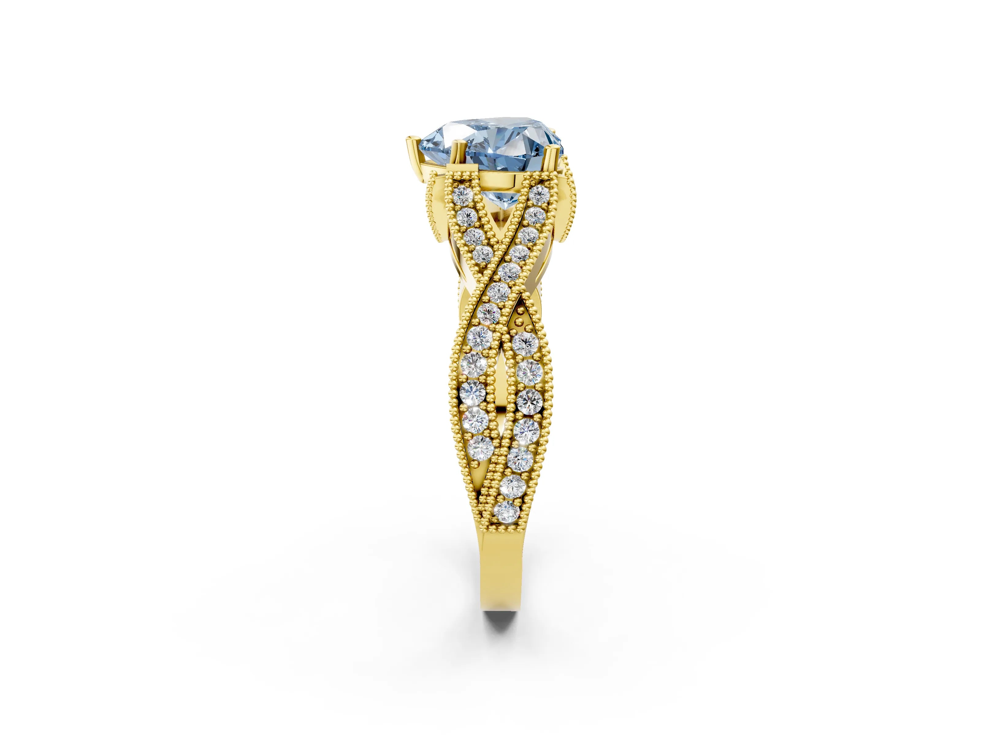Yellow gold Fancy Blue Heart Cut Cut Diamond Twisted Band with Milgrain Pave Setting and Four-Prong Setting_2