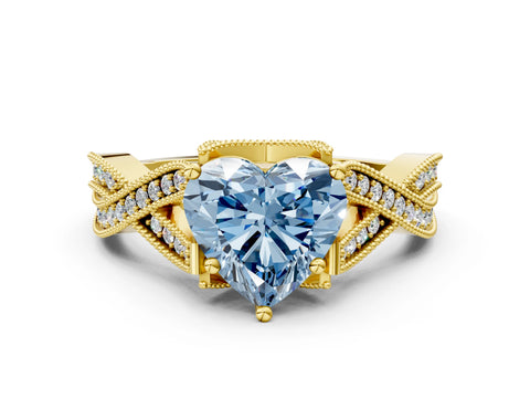 Yellow gold Fancy Blue Heart Cut Cut Diamond Twisted Band with Milgrain Pave Setting and Four-Prong Setting