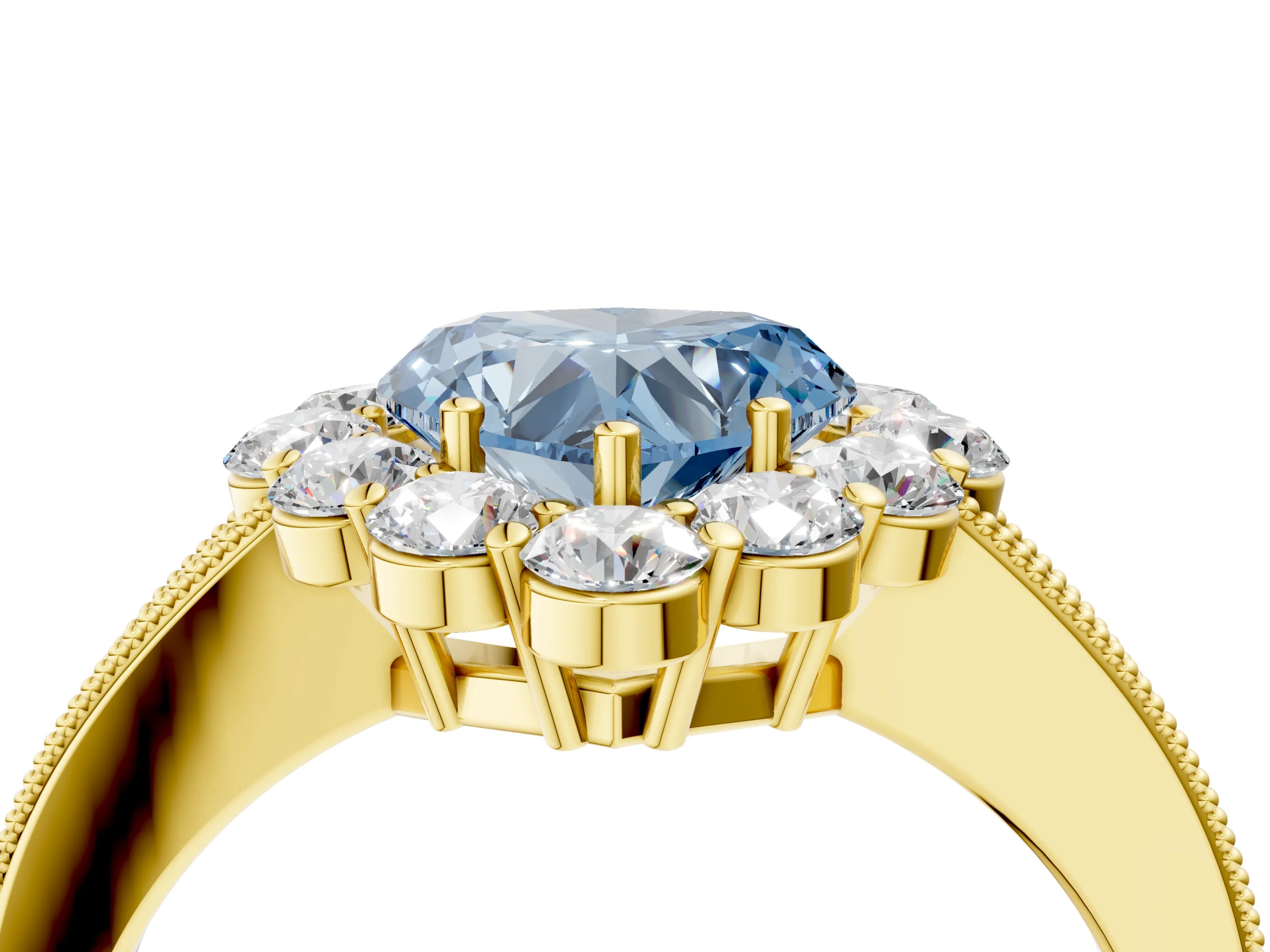 Yellow gold Fancy Blue Heart Cut Cut Halo Diamond Pavé Engagement Ring with Milgrain Detailing_4