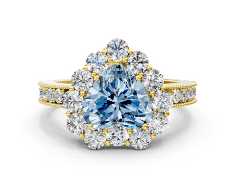 Yellow gold Fancy Blue Heart Cut Cut Halo Diamond Pavé Engagement Ring with Milgrain Detailing