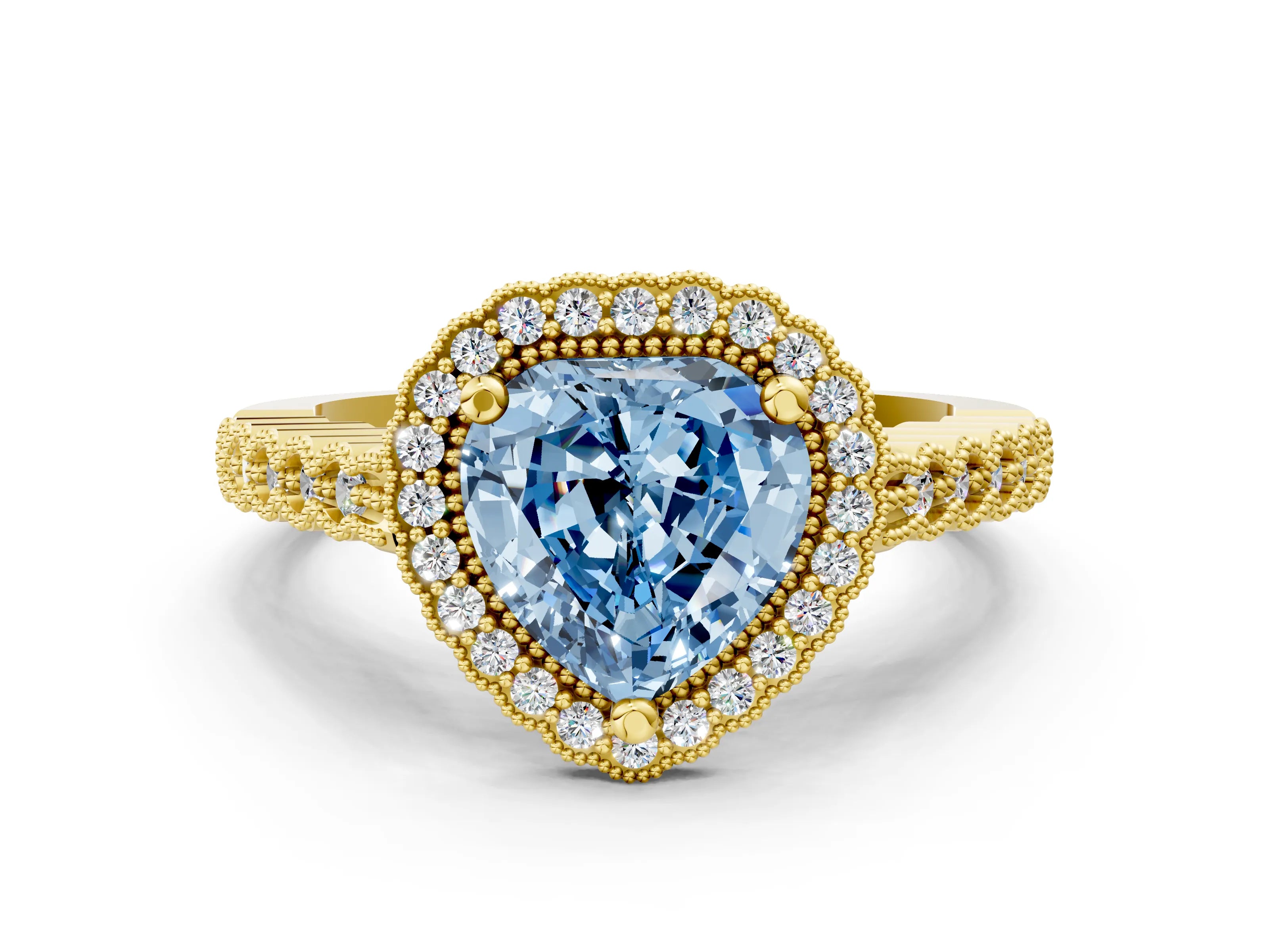 Yellow gold Fancy Blue Heart Cut Cut Halo Pavé Solitaire Ring with Milgrain Band