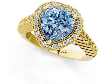 Yellow gold Fancy Blue Heart Cut Cut Halo Pavé Solitaire Ring with Milgrain Band_1