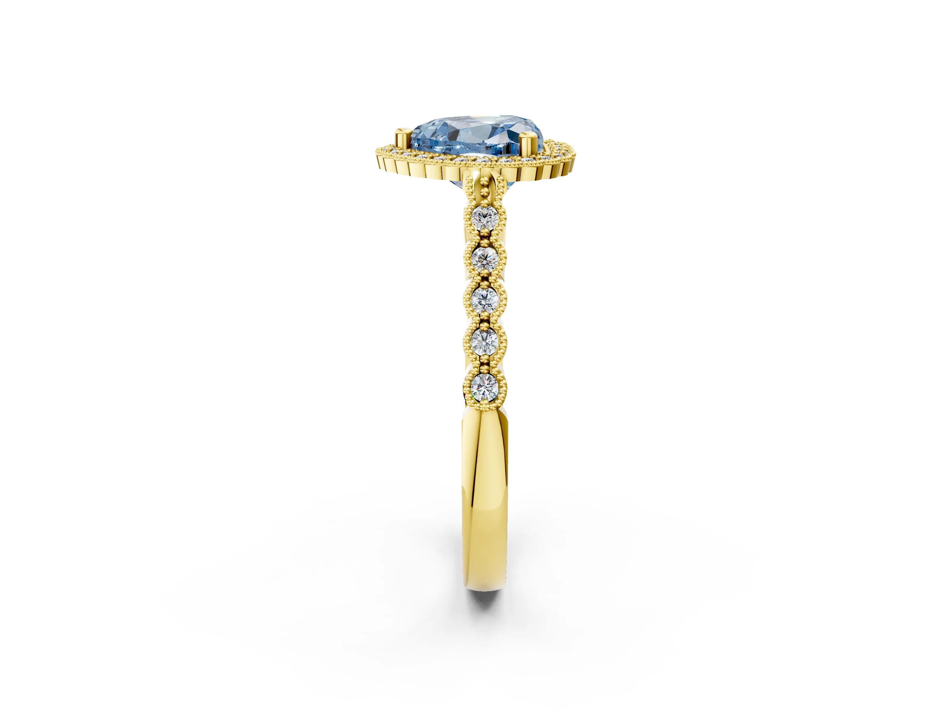 Yellow gold Fancy Blue Heart Cut Cut Halo Pavé Solitaire Ring with Milgrain Band_2