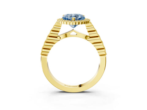 Yellow gold Fancy Blue Heart Cut Cut Halo Pavé Solitaire Ring with Milgrain Band_3