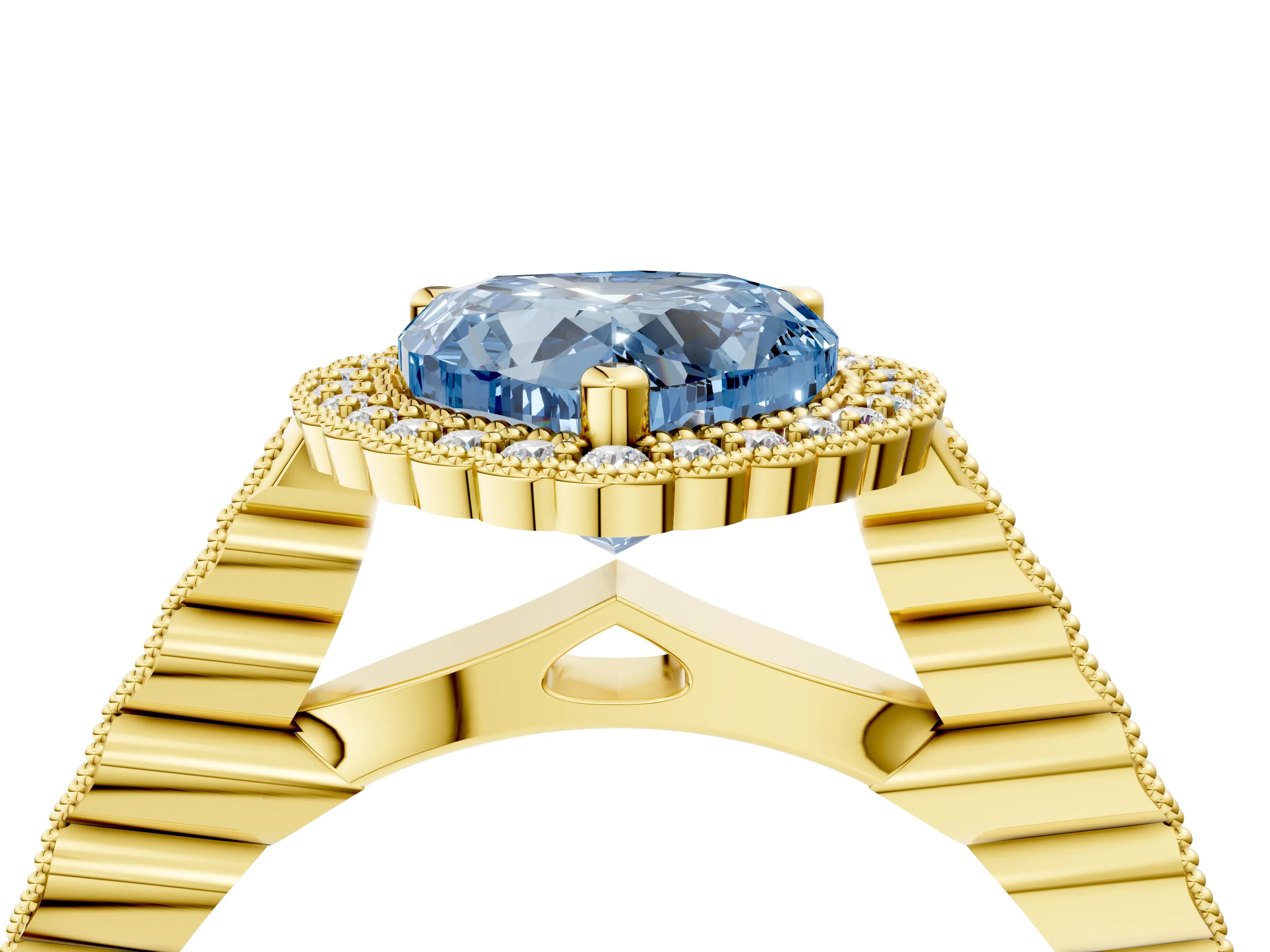 Yellow gold Fancy Blue Heart Cut Cut Halo Pavé Solitaire Ring with Milgrain Band_4