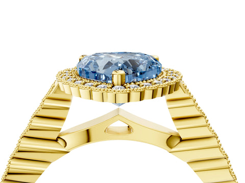 Yellow gold Fancy Blue Heart Cut Cut Halo Pavé Solitaire Ring with Milgrain Band_4