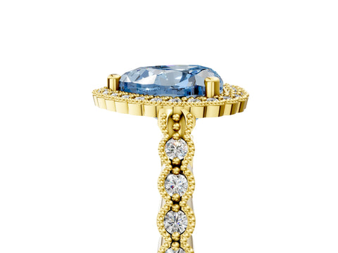 Yellow gold Fancy Blue Heart Cut Cut Halo Pavé Solitaire Ring with Milgrain Band_5