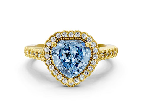 Yellow gold Fancy Blue Heart Cut Cut Halo Pavé Solitaire Ring with Milgrain Band
