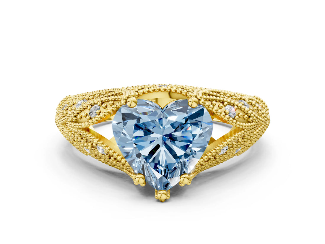 Yellow gold Fancy Blue Heart Cut Cut Milgrain Pave Diamond Engagement Ring with Four-Prong Setting_3