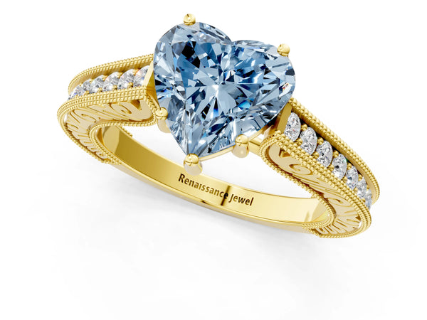 Yellow gold Fancy Blue Heart Cut Cut Pave Band Milgrain Solitaire Ring