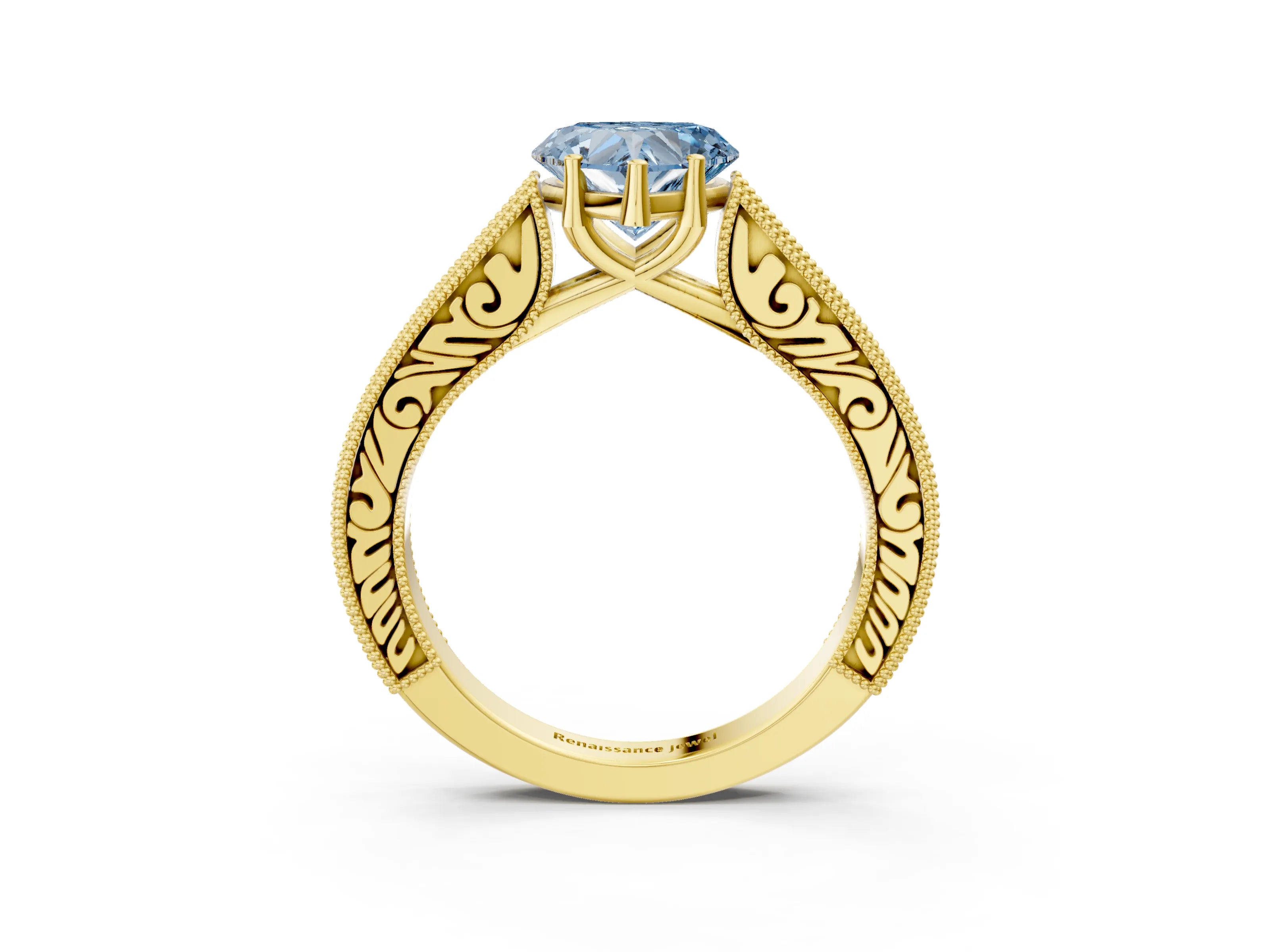 Yellow gold Fancy Blue Heart Cut Cut Pave Band Milgrain Solitaire Ring_12