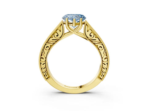 Yellow gold Fancy Blue Heart Cut Cut Pave Band Milgrain Solitaire Ring_12