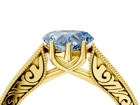 Yellow gold Fancy Blue Heart Cut Cut Pave Band Milgrain Solitaire Ring_13