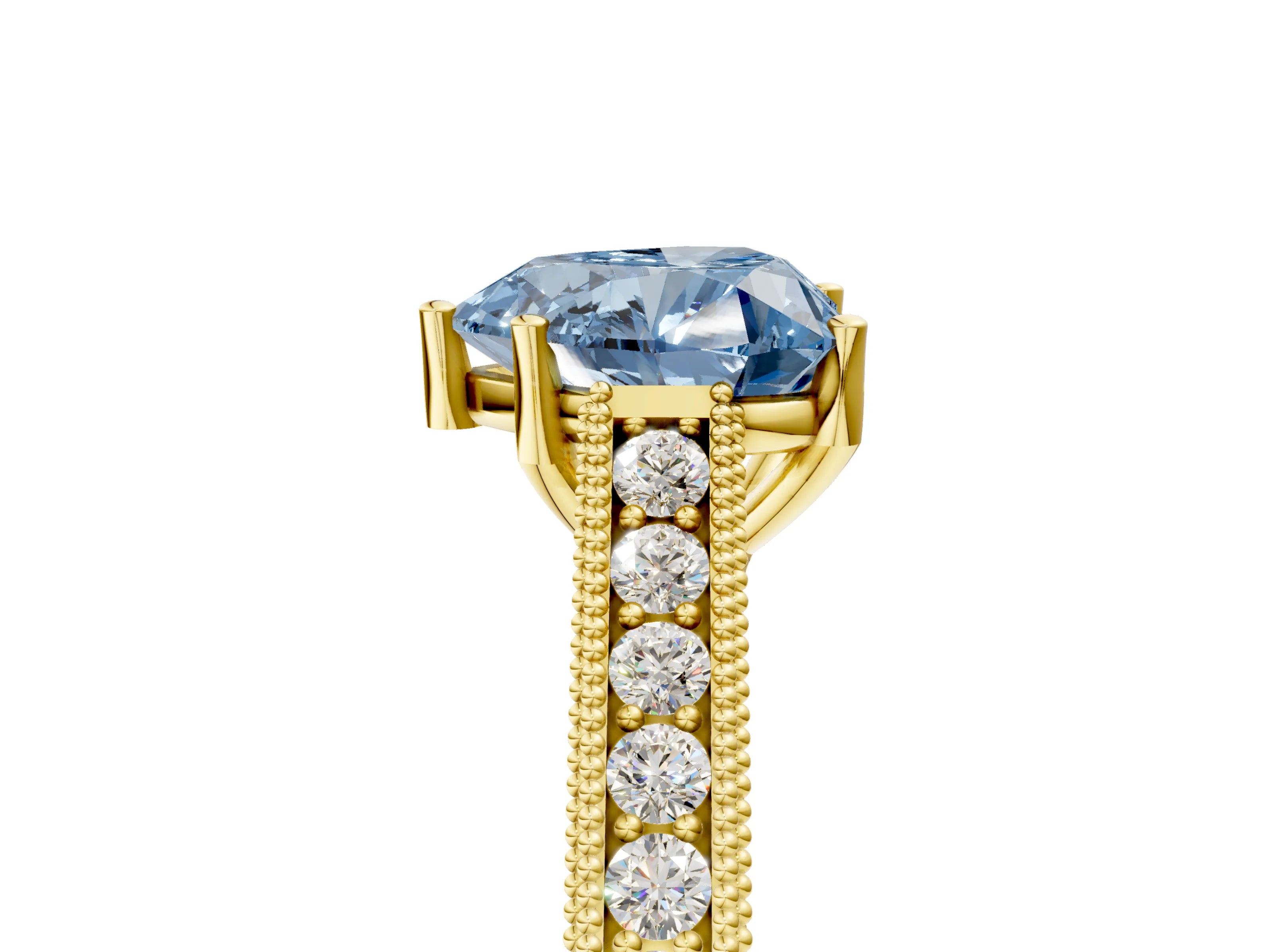 Yellow gold Fancy Blue Heart Cut Cut Pave Band Milgrain Solitaire Ring_14