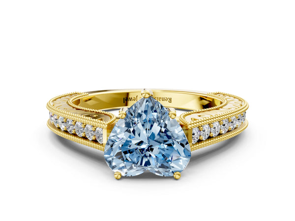 Yellow gold Fancy Blue Heart Cut Cut Pave Band Milgrain Solitaire Ring