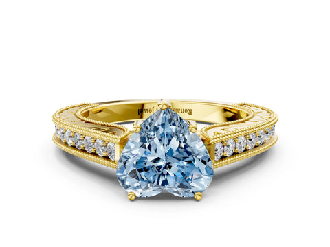 Yellow gold Fancy Blue Heart Cut Cut Pave Band Milgrain Solitaire Ring_21