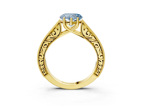 Yellow gold Fancy Blue Heart Cut Cut Pave Band Milgrain Solitaire Ring_3