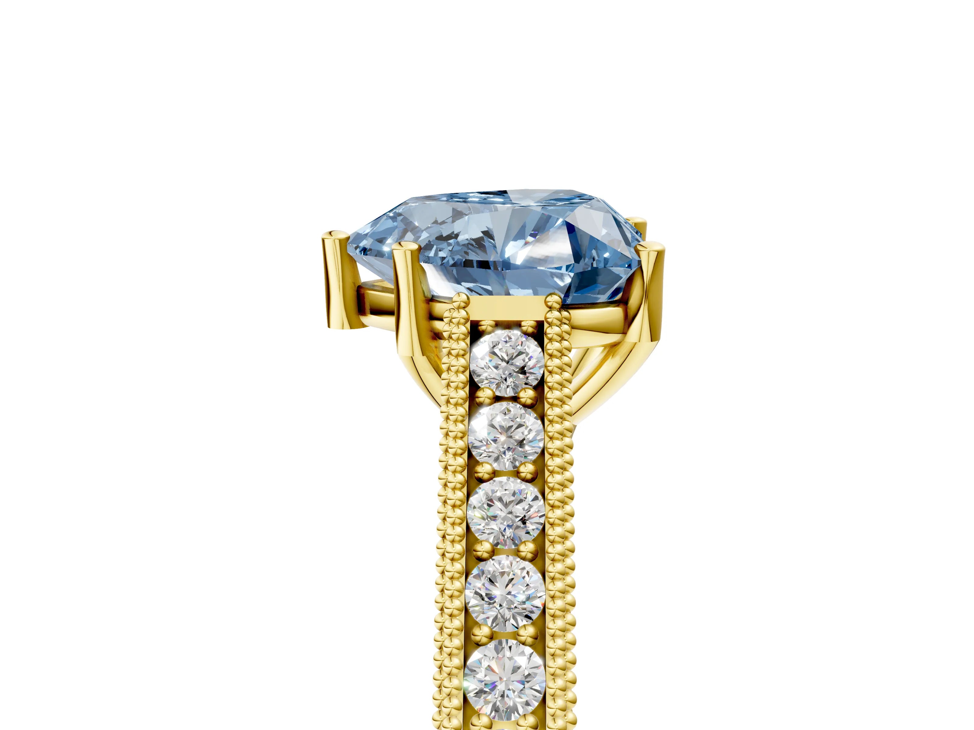 Yellow gold Fancy Blue Heart Cut Cut Pave Band Milgrain Solitaire Ring_5