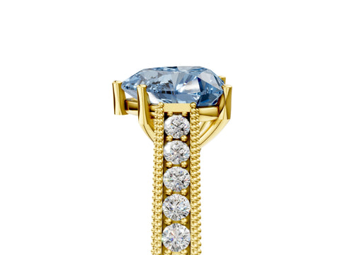 Yellow gold Fancy Blue Heart Cut Cut Pave Band Milgrain Solitaire Ring_5