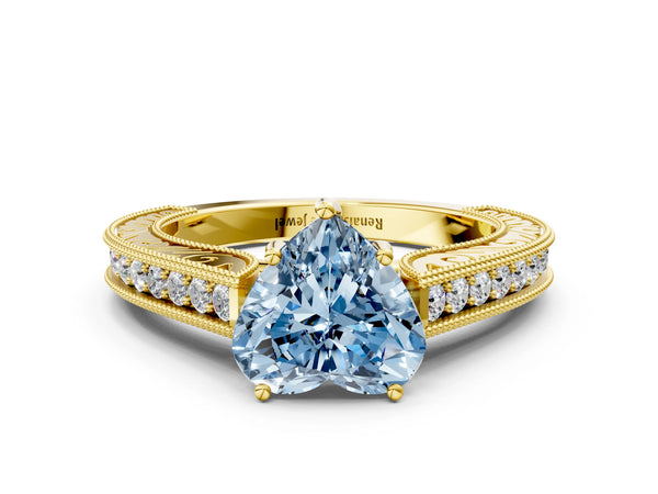 Yellow gold Fancy Blue Heart Cut Cut Pave Band Milgrain Solitaire Ring