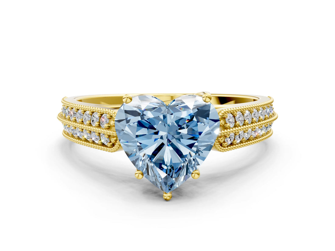 Yellow gold Fancy Blue Heart Cut Cut Pave Split Shank Engagement Ring with Four-Prong Setting