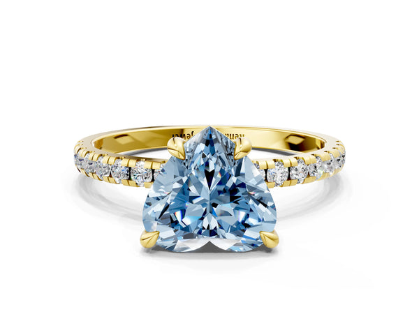 Yellow gold Fancy Blue Heart Cut Diamond Brilliant Solitaire Ring with Pavé Band and Four-Prong Setting