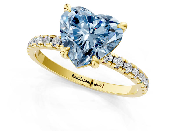 Yellow gold Fancy Blue Heart Cut Diamond Brilliant Solitaire Ring with Pavé Band and Four-Prong Setting