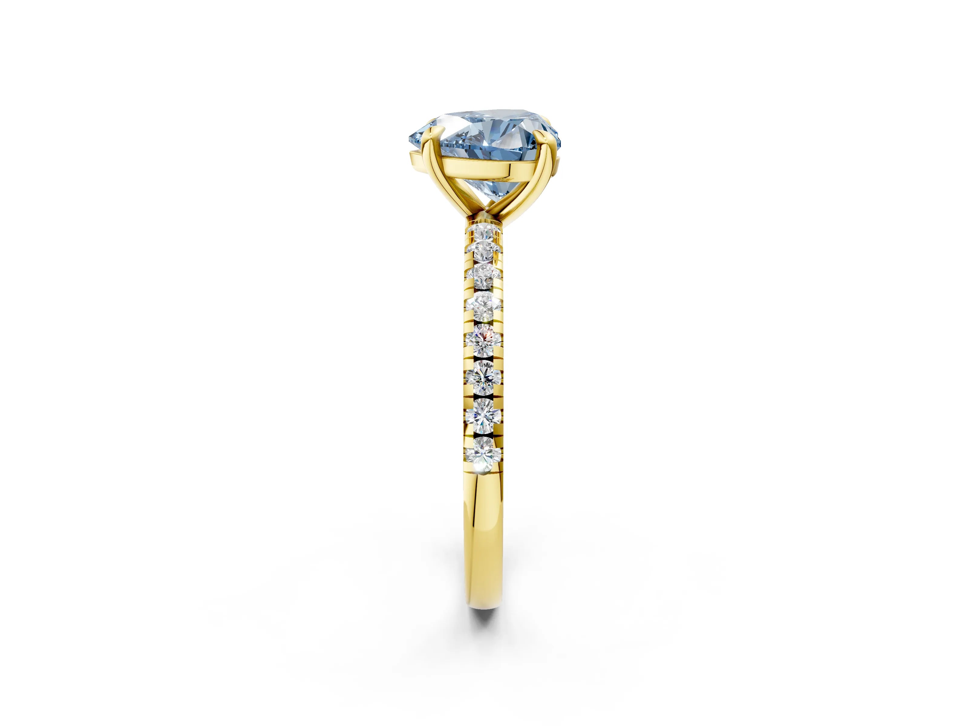 Yellow gold Fancy Blue Heart Cut Diamond Brilliant Solitaire Ring with Pavé Band and Four-Prong Setting_2